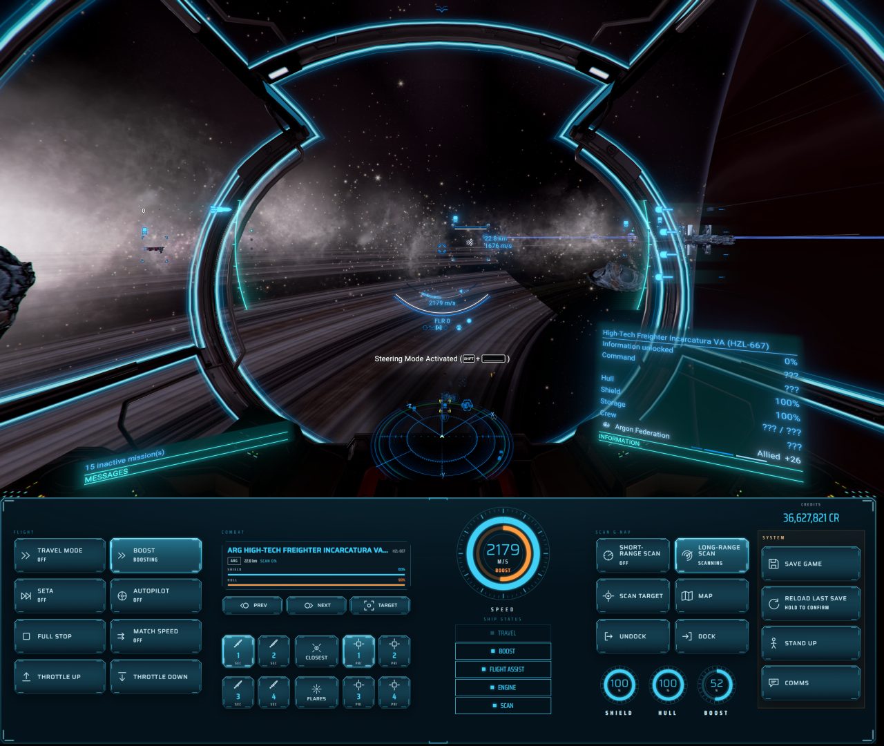 X4: Foundations running on the main display, with the Facette X4 Face on a second display below it showing speed, shield and hull, credits, the current target, and game-specific controls